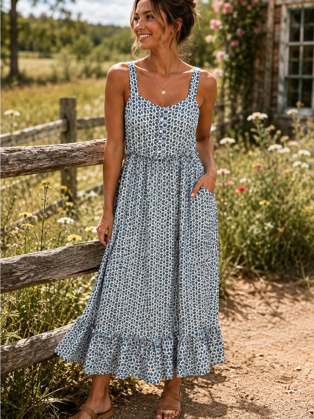 Blue Rain Blue and White Floral Maxi Sundress